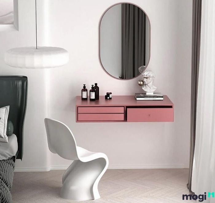 Mẫu bàn trang điểm treo tường với thiết kế ghế cách điệu đầy ấn tượng.