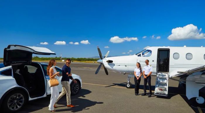 Upon arrival, guests are welcomed by a Four Seasons Resort Lanai representative, who will escort them to the resort via Tesla or Mercedes transport.