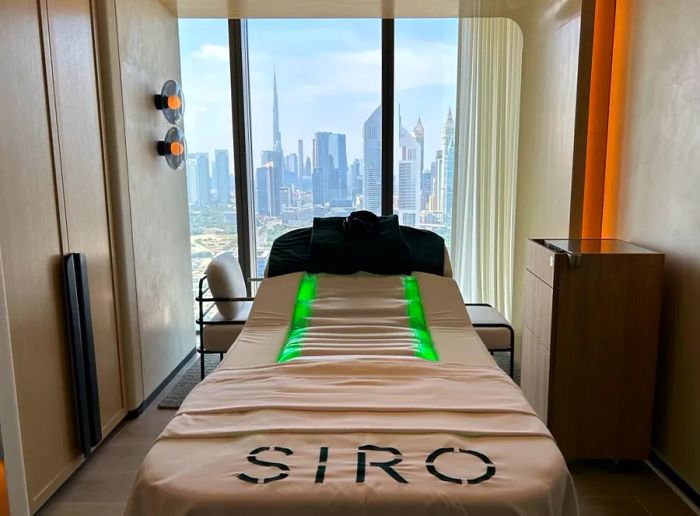 Vibroacoustic therapy is like a high-tech gong bath: a waterbed transmits soothing vibrations throughout the body for a touchless massage, while noise-cancelling headphones immerse the guest in a calming, meditative soundscape.