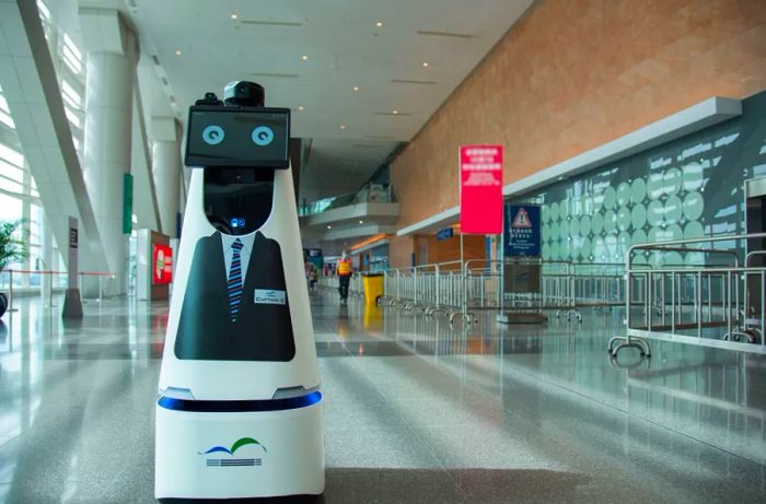 Rice Robotics' third product, Portal, is a taller robot equipped with a touch screen, two-way intercom, and streaming cameras to patrol public spaces, such as Captain C at the Hong Kong Exhibition and Convention Center.