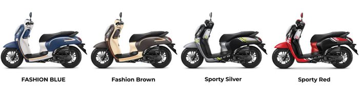 Các màu sắc của Honda Scoopy 2023 gồm: Xanh trắng, Nâu vàng, Bạc, và Đỏ với kiểu dáng thể thao.