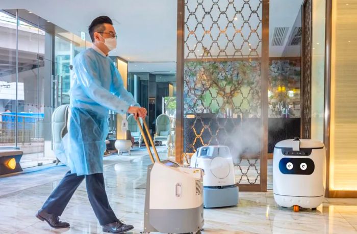 During the pandemic, the Dorsett Wanchai hotel in Hong Kong introduced a range of high-tech robots, including droids for cleaning and sanitizing, as well as Rice for contactless room service.