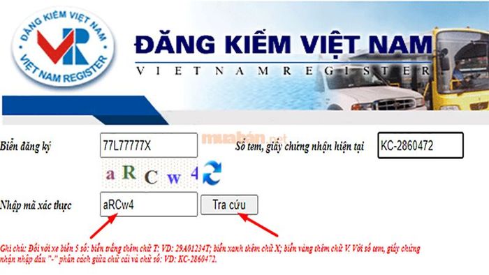 Điền đầy đủ thông tin yêu cầu như số biển đăng ký, số tem, giấy chứng nhận