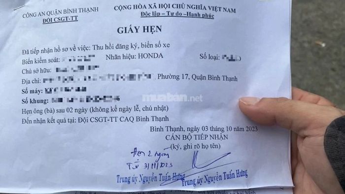 Giấy hẹn nhận giấy chứng nhận đăng ký xe
