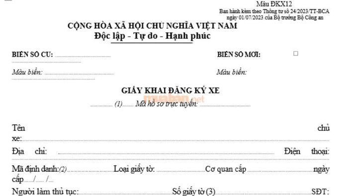 Mẫu tờ khai đăng ký xe