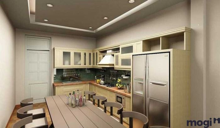 Mẫu trần thạch cao phòng bếp tích hợp đèn LED