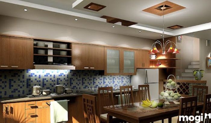 Mẫu trần thạch cao phòng bếp kiểu giật cấp đơn giản
