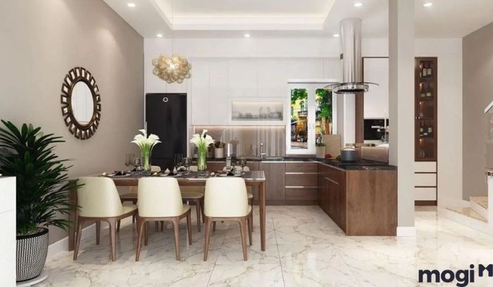 Mẫu trần thạch cao phòng khách liền bếp đẹp và tiện nghi