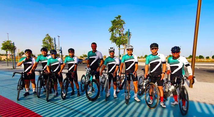 Ricky Bautista, on the far right, alongside a team from Dubai’s Beyond the Bike shop at the Al Hudayriyat cycling track.