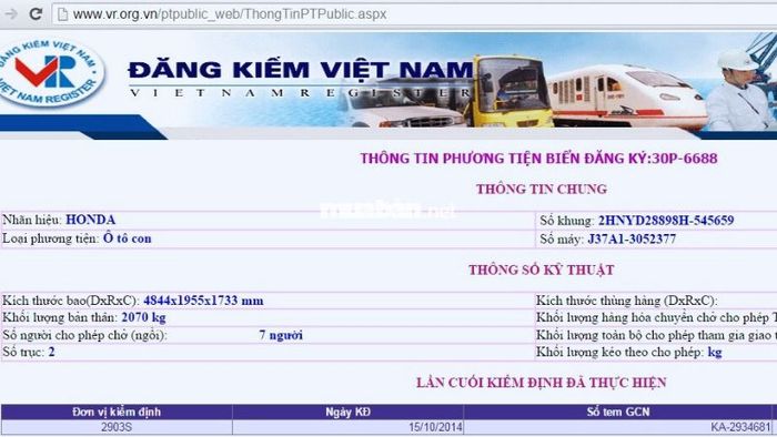 Thông số kỹ thuật: Kích thước bao, kích thước thùng hàng, trọng lượng bản thân, trọng lượng hàng hóa tối đa, số người cho phép chở, khối lượng toàn bộ cho phép tham gia giao thông, số trục, khối lượng kéo cho phép.