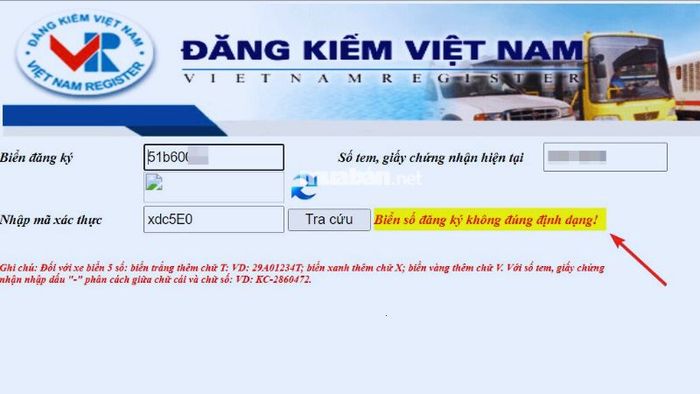Lỗi “Biển số đăng ký không đúng định dạng”