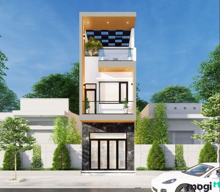 Mẫu nhà ống 2 tầng có tầng tum, thiết kế đơn giản nhưng mang lại sự tiện nghi tối đa cho gia đình.