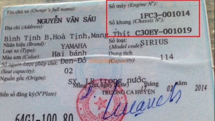 Kiểm tra số khung xe máy trên cà vẹt xe