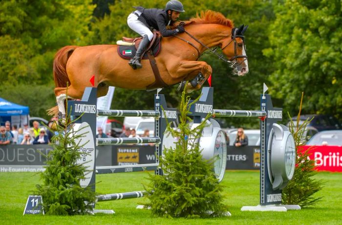 Al Marzouqi competing at The Longines Royal International Horse Show, held at The All England Jumping Course in West Sussex, UK, in July 2022.