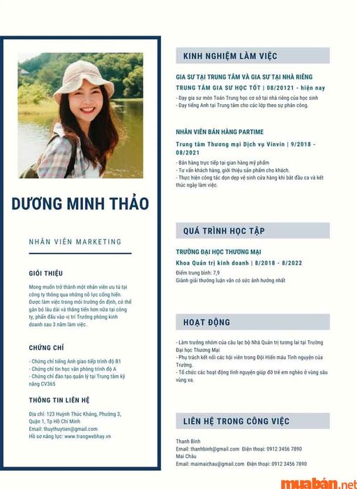 Mẫu CV ứng tuyển vị trí Marketing cho sinh viên mới ra trường chưa có kinh nghiệm
