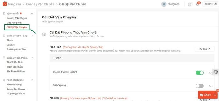 Cài đặt vận chuyển cho gian hàng