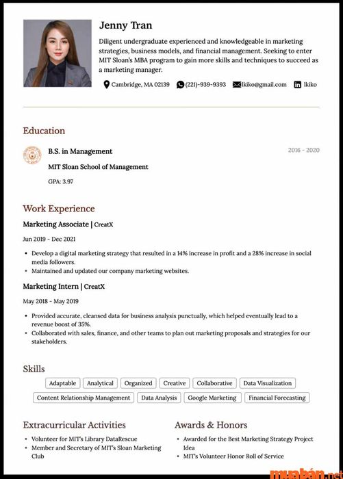 Mẫu CV bằng tiếng Anh dành cho ứng viên chưa có kinh nghiệm trong lĩnh vực Marketing