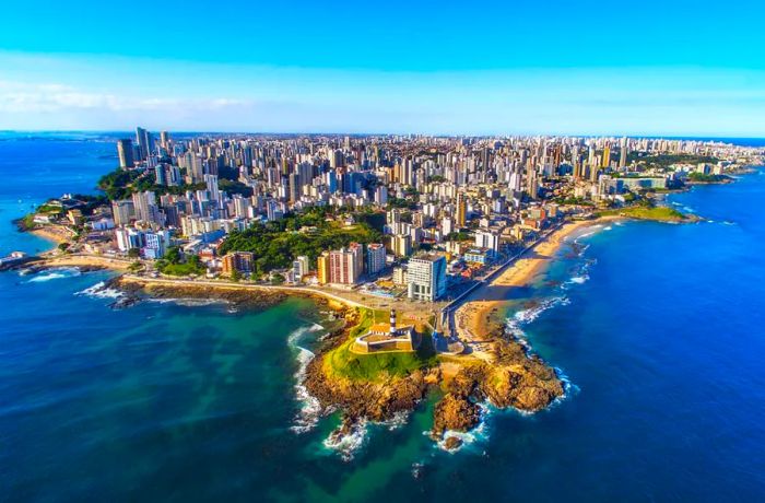 Salvador, located in Bahia in eastern Brazil, lies on a small peninsula.