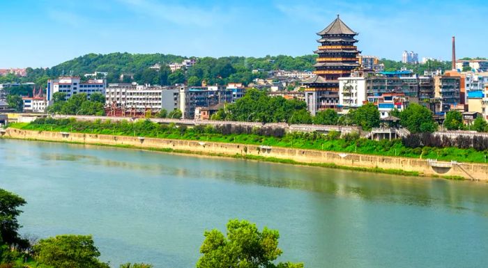 The skyline of Jingdezhen is dotted with towering chimneys, remnants of the city’s porcelain production legacy.