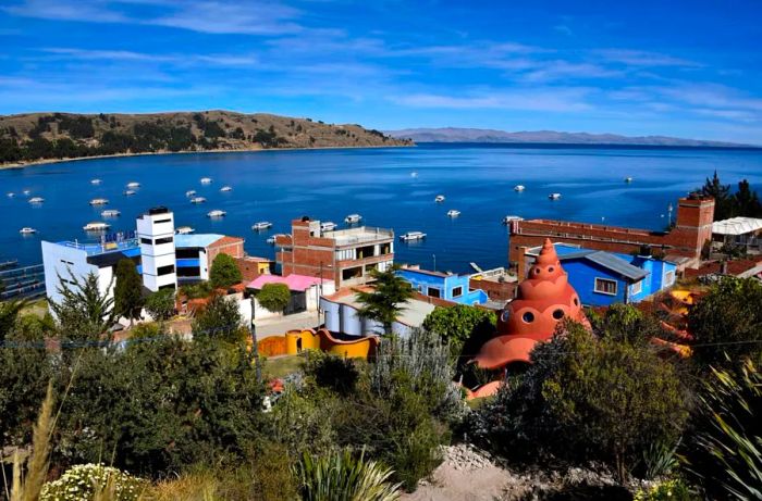 A picturesque view of Copacabana, a popular Bolivian tourist destination located by Lake Titicaca.