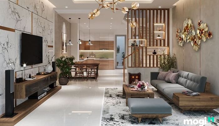 Trang trí phòng khách nhà vuông với những phụ kiện tạo điểm nhấn ấn tượng.