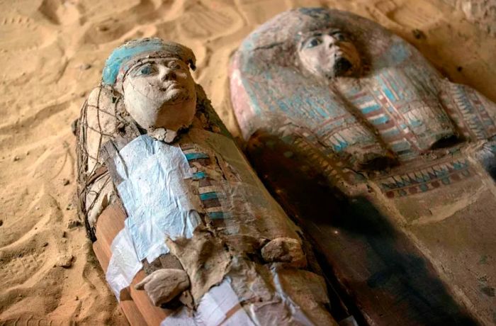 Sarcophagi were found inside a recently discovered burial shaft at the Giza pyramid plateau in Cairo.