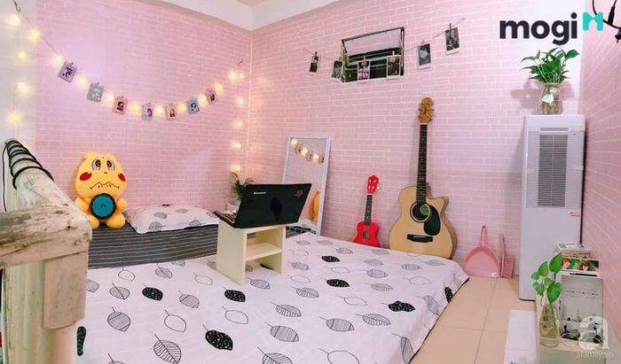 Phòng trọ trang trí với gam màu hồng nổi bật, đầy nữ tính