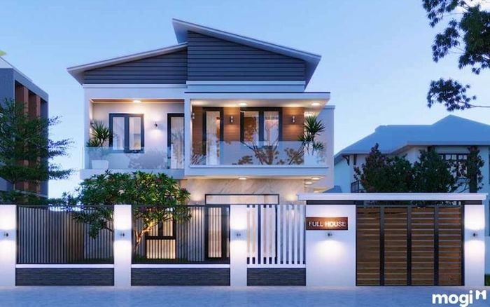 Mẫu nhà 2 tầng với mái chéo đôi sáng tạo và nổi bật