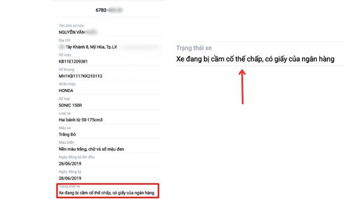 Xe đang trong tình trạng bị cầm cố, thế chấp