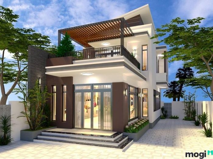 Nhà 2 tầng có ban công rộng và vuông vắn, mang đến không gian sống thoải mái