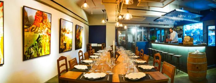 The restaurant showcases permanent works by Frederick Ronald Williams and Zao Wou Ki.