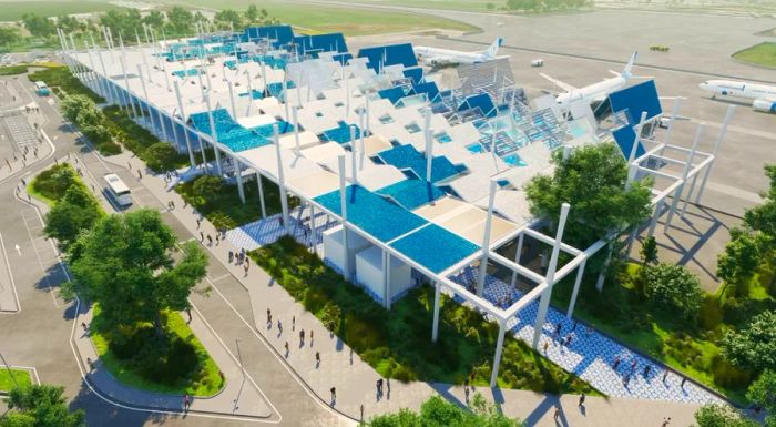 The new passenger terminal will feature solar panels on its roof.