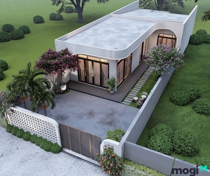 Mẫu 1: Nhà cấp 4 mái bằng với sân vườn đẹp và hài hòa với thiên nhiên.