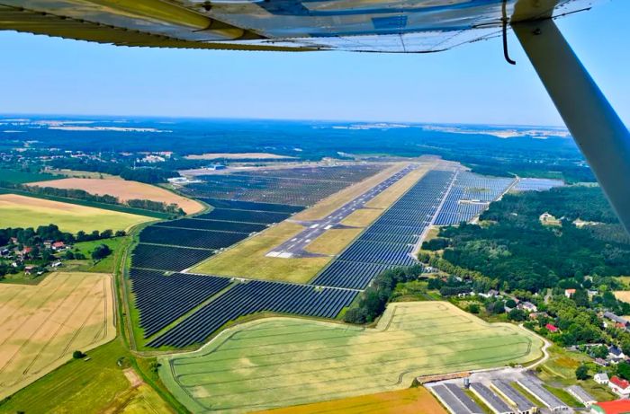 Photovoltaic panels at Berlin's Neuhardenberg Airport, 2014.