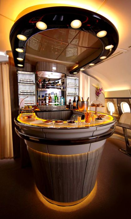 The newly redesigned A380 Onboard Lounge by Emirates takes its inspiration from the luxurious aesthetics of private yacht cabins.