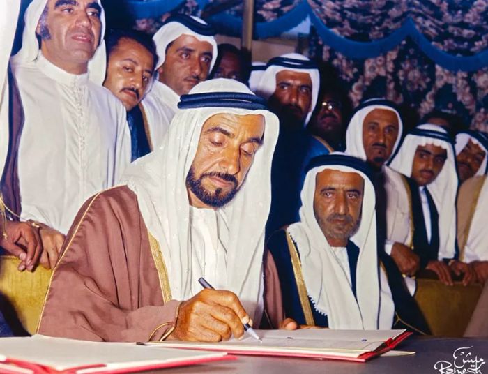 Sheikh Zayed Bin Sultan Al Nahyan, the late ruler of Abu Dhabi, seen here signing the pivotal agreement to create the UAE on December 2, 1971.