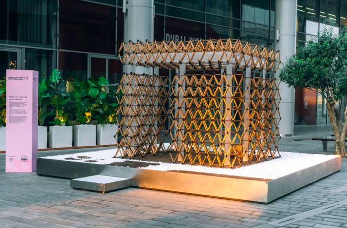 Originally revealed at the 2023 Venice Architecture Biennale, this installation marks the second iteration of Mitsubishi Jisho Design's 'Arabi-an Tea House.' Made from local food waste, including tea leaves and grapes, this structure will house a tea master during Dubai Design Week for tea ceremonies.