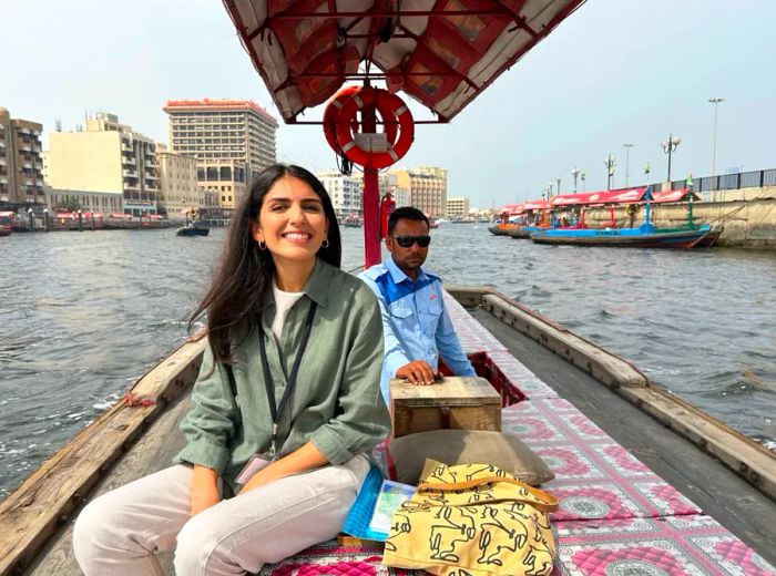 Nada Badran, pictured aboard an Abra on Dubai Creek, 01/04/2024