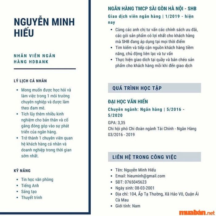 Mẫu CV ngân hàng HDBank