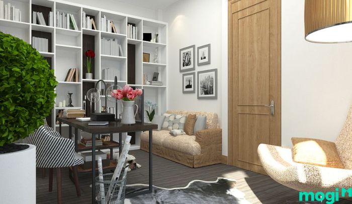 Mẫu 1 cho phòng đọc sách kết hợp làm việc với không gian hiện đại, tạo nên một góc làm việc thoải mái và sáng tạo.