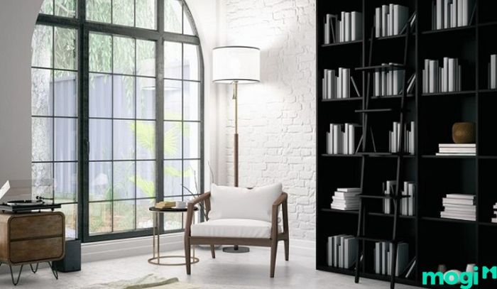 Mẫu 1 cho phòng đọc sách đẹp theo phong cách hiện đại, với thiết kế tối giản nhưng không kém phần tinh tế và tiện dụng.
