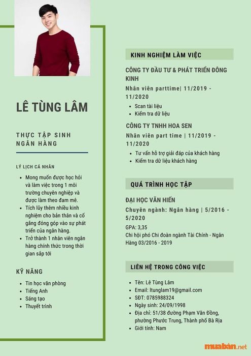 Mẫu CV cho thực tập sinh ngành ngân hàng
