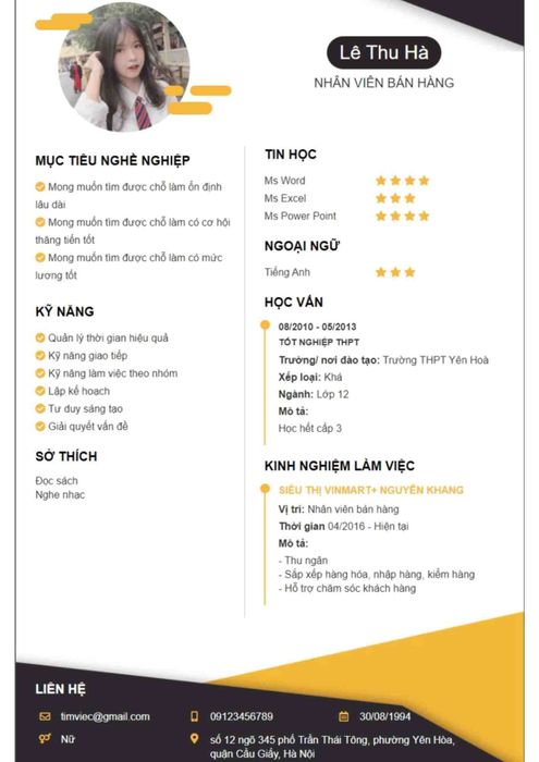 Mẫu CV Nhân viên bán hàng part-time (Tham khảo)
