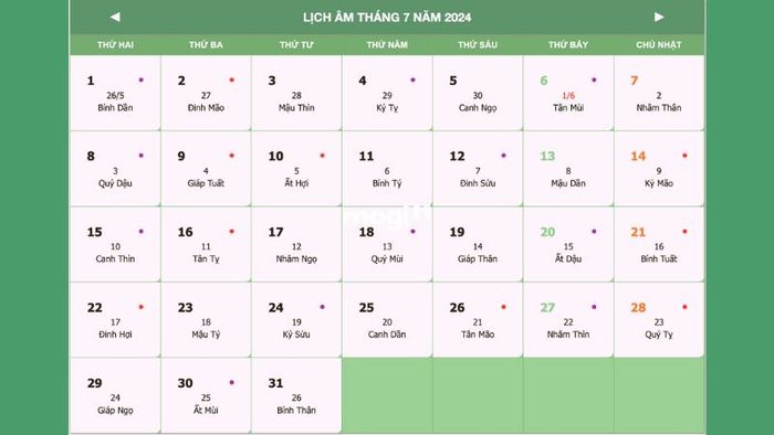 Lịch âm tháng 7 năm 2024 chi tiết