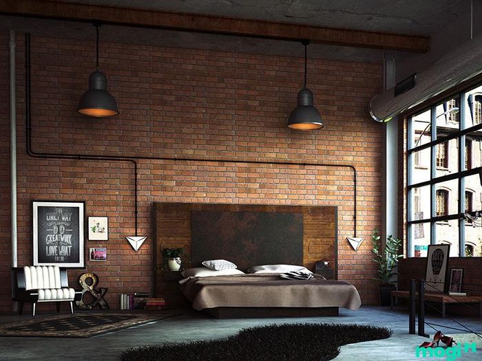 Gạch mộc làm điểm nhấn trang trí cho phòng ngủ thêm ấm áp và dễ chịu.