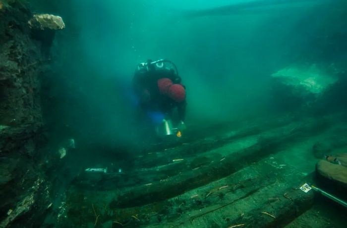 Massive blocks from the ruined Temple of Amun in Thonis-Heracleion collapsed onto a moored galley, sinking it in the second century BCE. Photo: Christoph Gerigk ©Franck Goddio/Hilti Foundation