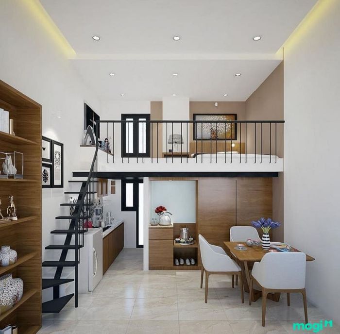 Nội thất nên được chọn với kiểu dáng đơn giản và màu sắc sáng để tạo cảm giác gọn gàng và thoáng đãng.