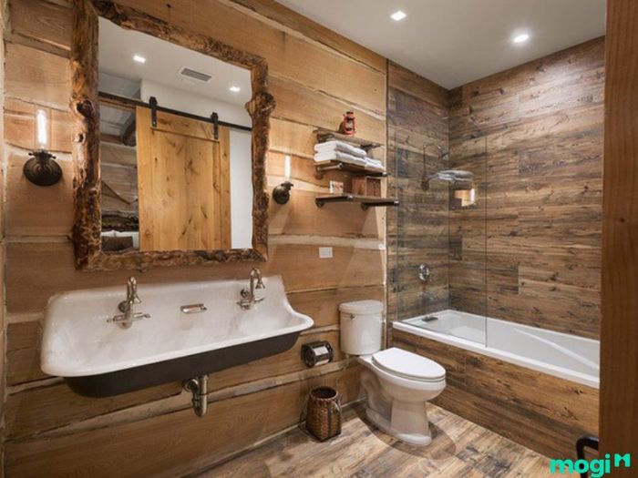 Gạch mộc là sự lựa chọn hoàn hảo để trang trí phòng tắm, mang lại không gian tinh tế và gần gũi.