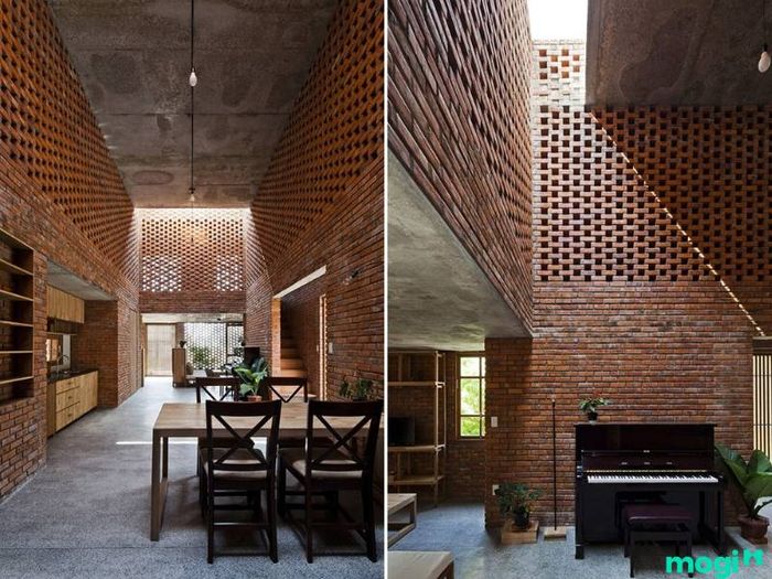 Gạch mộc dùng để trang trí phòng khách tạo nên không gian ấm áp và độc đáo.