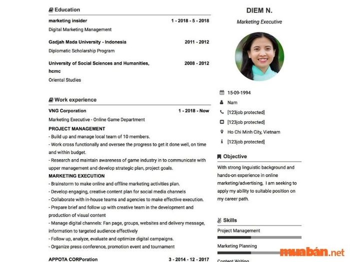 CV ngành Marketing bằng tiếng Anh